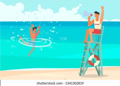 Young man drowns in the sea and asks for help. Male lifeguard saving a drowner, professional rescuer on duty. Flat Art Vector illustration