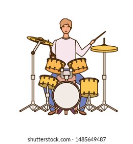 young man with drum kit on white background
