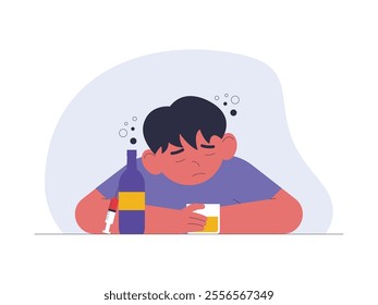 Young man is drunk with excessive dose due to stress and it affects his health, vector illustration of health problem.