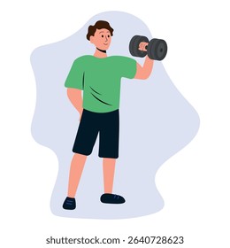 Young man with a dumbbell, boy doing sports. Vector illustration