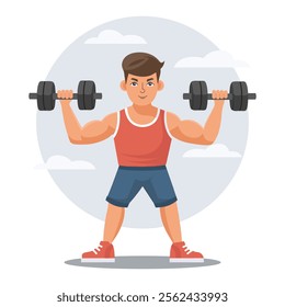 Young man with dumbbells. Sportsman training. Healthy lifestyle. Physical activity concept. Flat style illustration