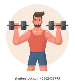 Young man with dumbbells. Sportsman training. Healthy lifestyle. Physical activity concept. Flat style illustration