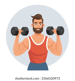 Young man with dumbbells. Sportsman training. Healthy lifestyle. Physical activity concept. Flat style illustration