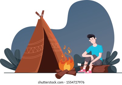 Young Man during camping outdoors and burning a marshmallow on the fire side of a tent.Flat young man camping illustration cartoon vector