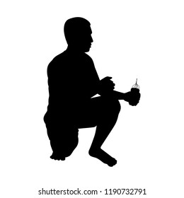 Young man with dynamite silhouette vector. Person in black and white.