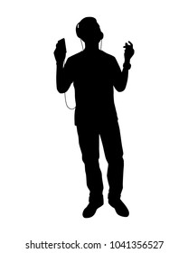 A young man with earphone silhouette vector