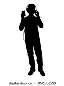 A young man with earphone silhouette vector