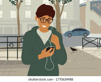 Young Man In Earphones Makes Online Video Call, Browses Internet On Smartphone. Smiling Guy Walking Along Summer City Street Listening To Music Or Podcast. Talking By Mobile Phone Vector Illustration