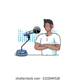 young man with earphones and microphone vector illustration design