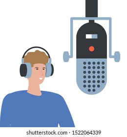 young man with earphones and microphone vector illustration design