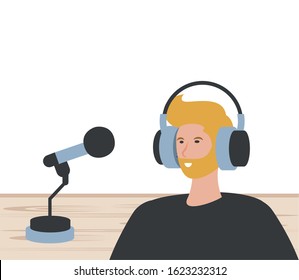 young man with earphones and microphone vector illustration design