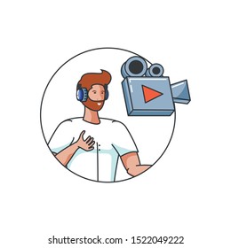 young man with earphones and video camera vector illustration design