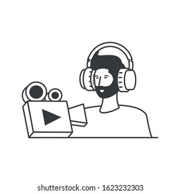young man with earphones and video camera vector illustration design