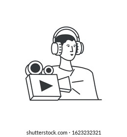 young man with earphones and video camera vector illustration design