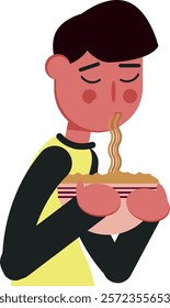 Young man eat ramen.Cute abstract character.Cartoon style  Isolated illustrations