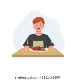 A young man eating beef steak. hungry man sitting at table of restaurant to eat yummy meat on plate with fork and knife. Flat vector cartoon illustration