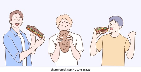 Young man are eating bread. Hand drawn in thin line style, vector illustrations.