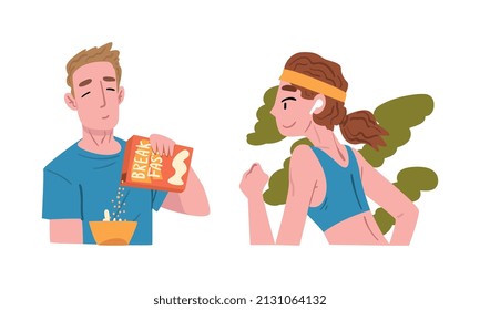 Young Man Eating Breakfast Cereal and Woman Running in the Morning Engaged in Daily Routine Activity Vector Set