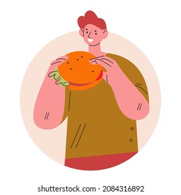 Young man eating burger. Vector illustration in flat style.