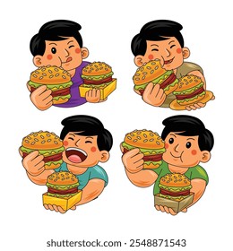 young man eating burger vector illustration