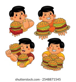 Hombre joven que come la Ilustración vectorial de la hamburguesa
