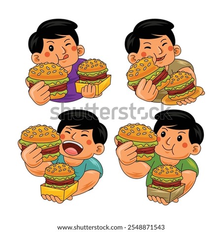 young man eating burger vector illustration