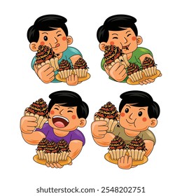 young man eating cupcake vector illustration