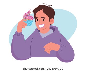 Young man eating a delicious cupcake, vector illustration.