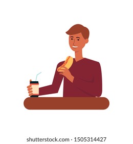 Young man eating fast food meal, adult male cartoon character drinking soda and eating hot dog, happy person having lunch - isolated flat vector illustration on white background