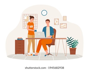 Young man eating food and surfing the internet on laptop in living room. Dialog between romantic partners. Flat cartoon vector illustration concept design. Isolated on white background.