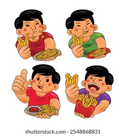 young man eating fries vector illustration