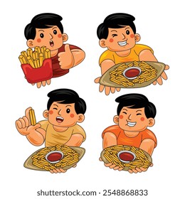young man eating fries vector illustration