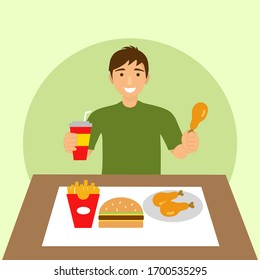 A young man eating hamburger, French fried and fried chicken on the table. Man having fast food with drink for dinner concept vector illustration. A guy enjoy eating fast food for lunch.