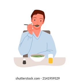 Young man eating healthy bowl of soup at table. Having lunch time break, balanced diet and meals, students cafeteria menu, student eats liquid dish cartoon vector illustration