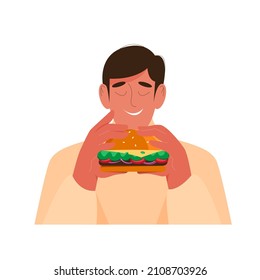 Young man eating and holding burger. Vector illustration in flat style, fast food concept