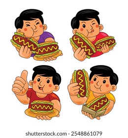 young man eating hot dog vector illustration