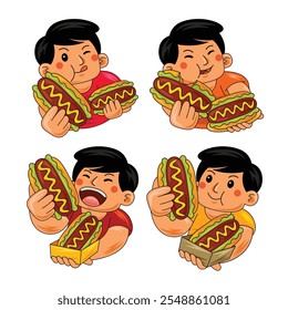 young man eating hot dog vector illustration