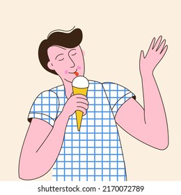 Young man eating ice cream. Man enjoying sweet frozen desserts. Boy feeling happy with their ice cream. Vector illustration