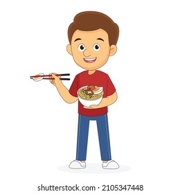 Young Man eating instant noodle
