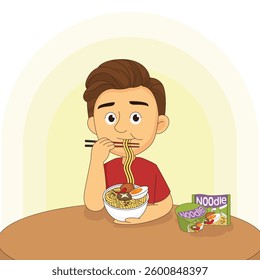 Young Man eating instant noodle