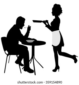 young man eating lunch in a cafe, eating soup, Waitress serving