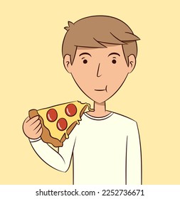 Young man eating pizza fast food