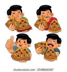 Hombre joven que come la Ilustración vectorial de la pizza