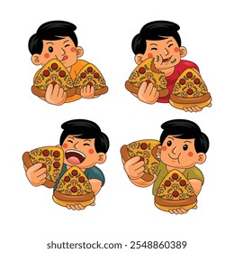 Hombre joven que come la Ilustración vectorial de la pizza