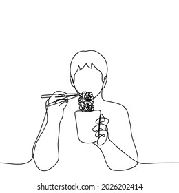 Young Man Eating Ramen From A Plastic Cup - One Line Drawing. A Man With Chopsticks Raised A Piece Of Instant Noodles To Show What He Was Eating 