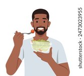 Young man eating salads. Diet food for life. Flat vector illustration isolated on white background
