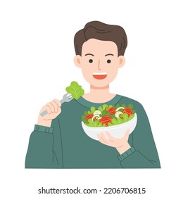 Young man eating salads. Diet food for life. Healthy foods with benefits. Healthy and vegan food concept.