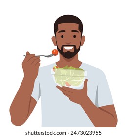 Young man eating salads. Diet food for life. Flat vector illustration isolated on white background