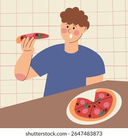 Young man eating a slice of pizza. Casual moment of enjoying fast food. Flat cartoon illustration representing comfort food, leisure, and tasty snacks.