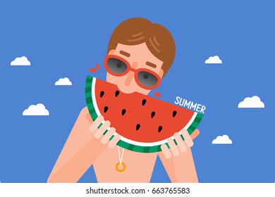 young man eating watermelon .